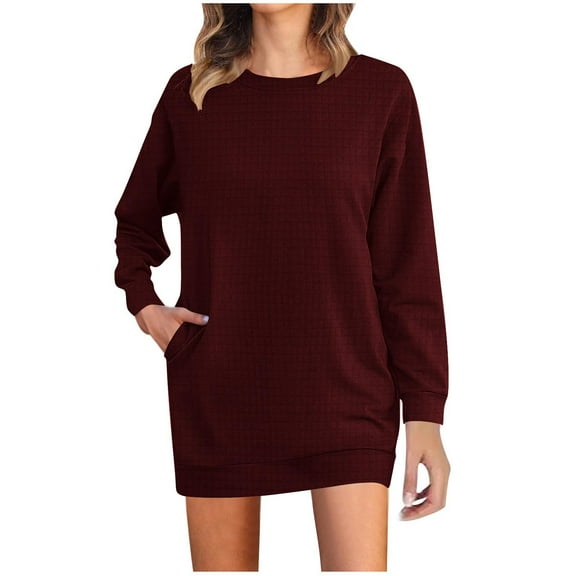 Diufon Fall Womens Dresses Casual Solid Color Sweatshirts Dress Round Neck Long Sleeve Dress with Pockets