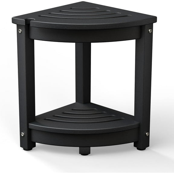 VibrantEcho Outdoor Side Table, HDPE Space-Saving Patio Side Table Corner Table Shower Bench, Waterproof 2-Tier Patio End Tables for Balcony Garden Deck (Black)