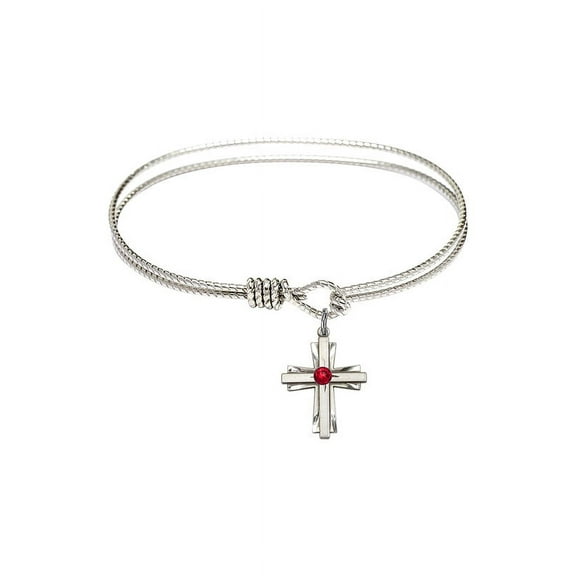 6 1/4 inch Oval Eye Hook Bangle Bracelet w/ Cross medal charm w/ July Red Swarovski Crystal