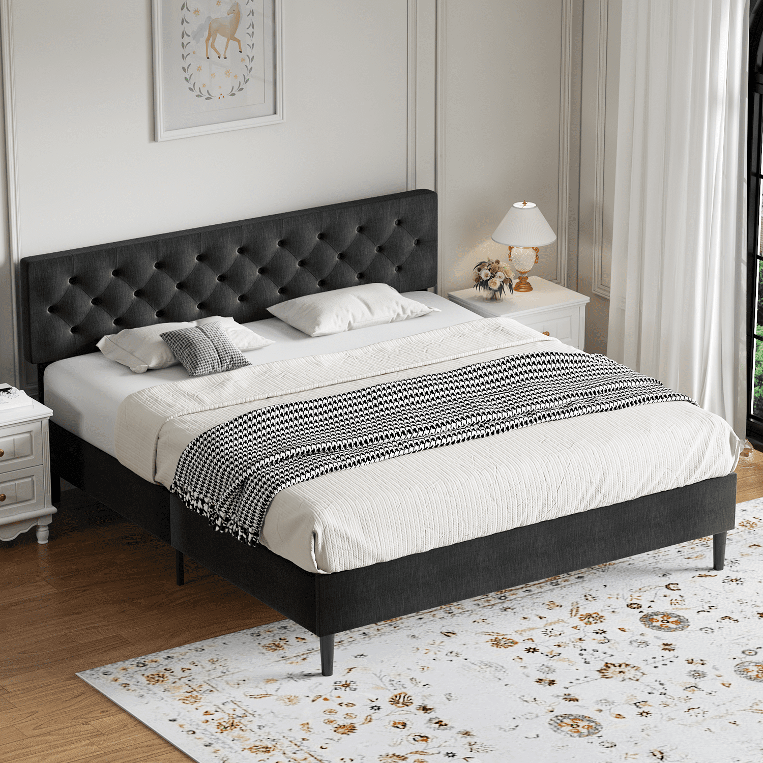 4 Ever Winner King Size Bed Frame, Upholstered Platform Bed with Headboard, Button Tufted Headboard, Dark Gray
