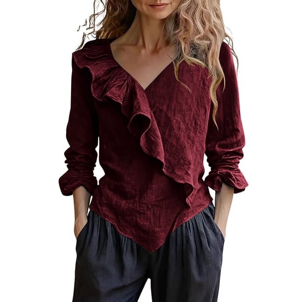 Camisetas de Cuello en V de Manga Larga para las Mujeres Blusa de Ruffle Casual Camiseta de Trabajo Tops, Tops de Manga Larga de Moda para las Mujeres 2025 Pullover Suelto