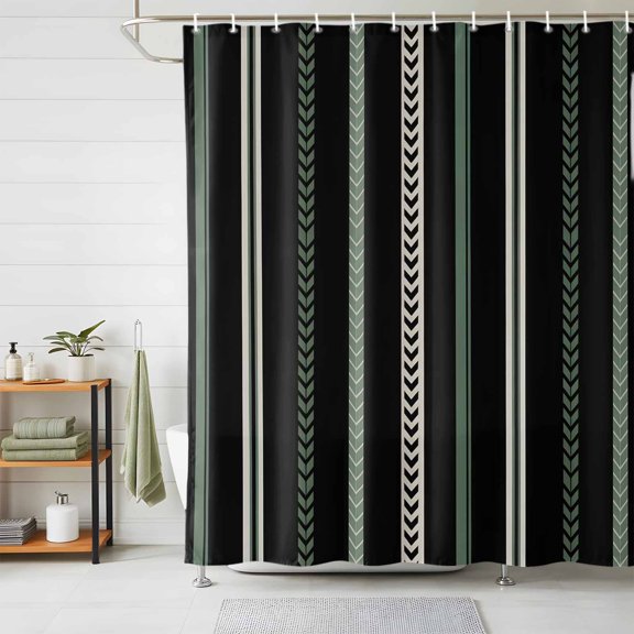 Shower Curtains for Bathroom, Black Green White Waterproof Fabric Shower Curtain, Boho Vintage Abstract Striped Lines Decorative Bathroom Curtain for Bathtub, 66"x72", No Hooks Included