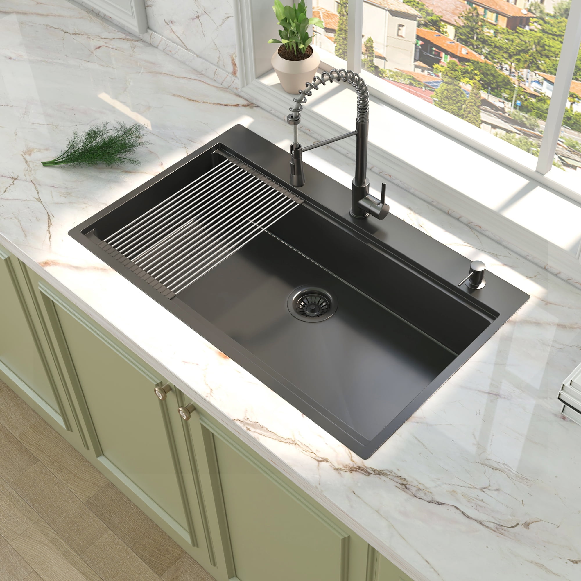 36" x 22" Drop in Gunmetal Black Kitchen Sink, 16Gauge  Stainless Steel Sink, Drop Workstation Sink, Topmount Single Bowl Sink with Integrated Ledge