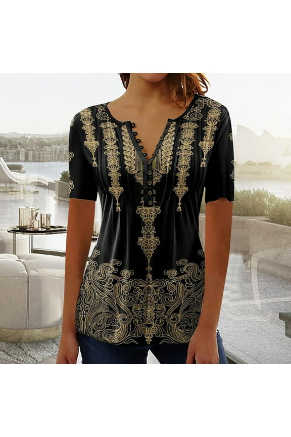 Tops for Women Plus Size Short Sleeve V-Neck Tunic Pleated Trendy Ethnic Brown Blouses Women's Clothing