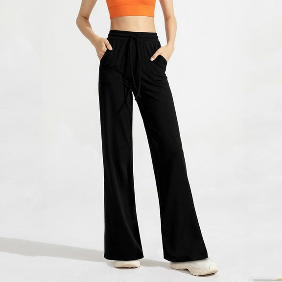 CLOISE Soft Yoga Pants for Women Petite Wide Leg Yoga Pants With Pockets Elastic Waist Drawstring Loose Fit Yoga Pants High Waisted Straight Leg Yoga Pants Pull On Soft Yoga Pants Black