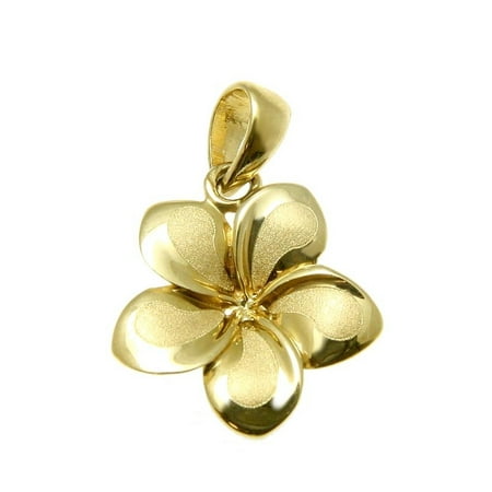 - 14K Solid yellow gold 13mm Hawaiian tropical plumeria flower charm pendant