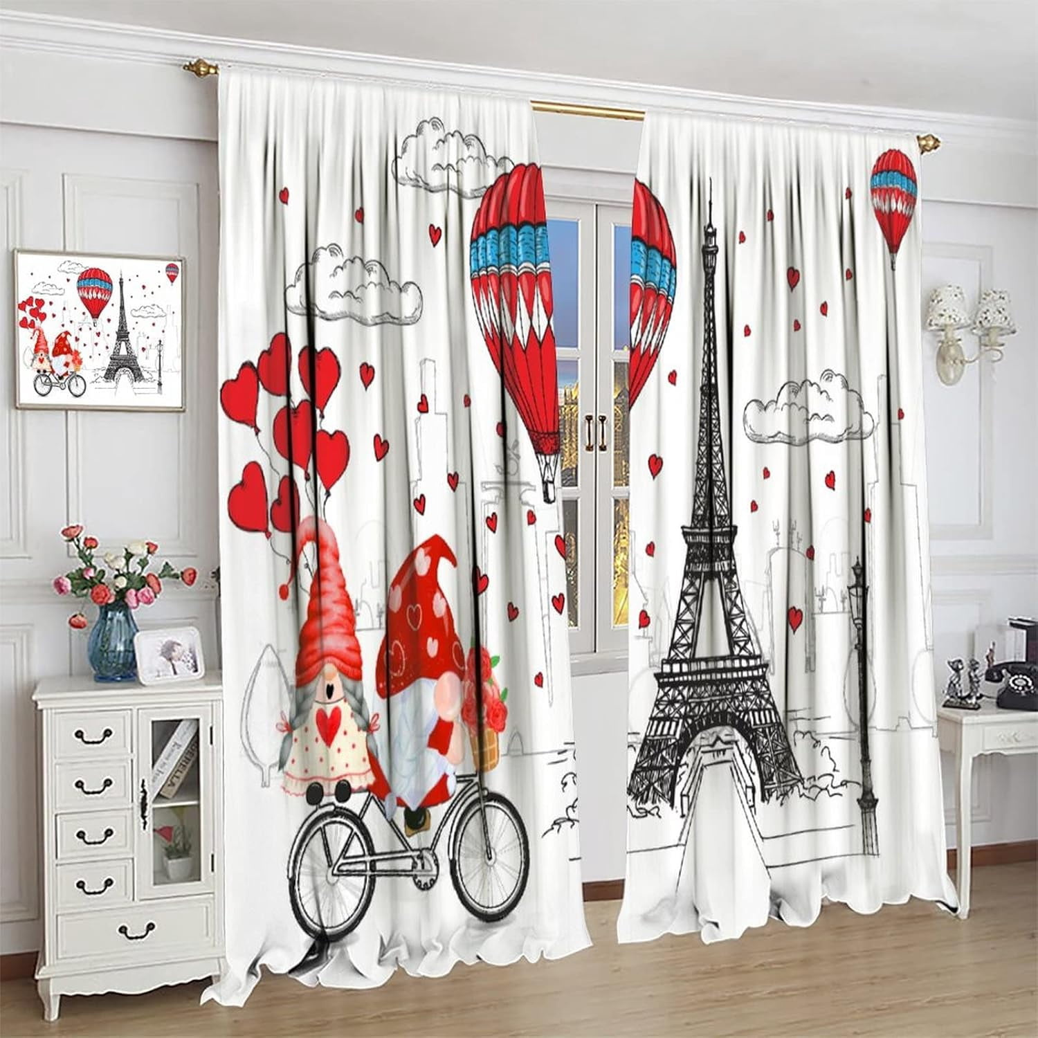 Valentines Days Blackout Window Curtains, Valentine Love Tree Eiffel Tower Hot Air Balloon Windows Door Curtain for Bedroom Living Room Home Decor 84x84in