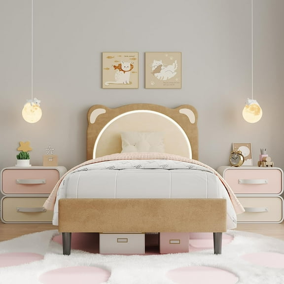 Twin Bed Frames,Upholstered Platform Bed Frame with Adjustable Headboard & LED Light,Twin Size Platform Bed with Wood Slats,No Box Spring Needed