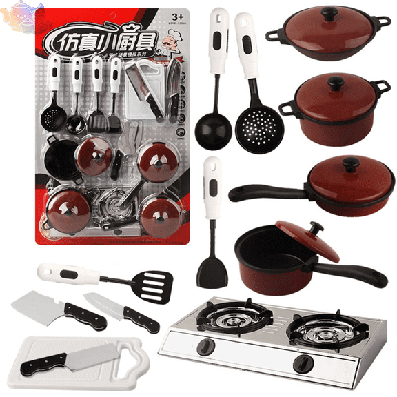 Kids Pretend Cookware Playset with Mini Stove, Pots, Pans, Knives and Cooking Utensils, croissants Durable plastic, Kitchen Pretend Play House Toys, Chef Role Play Toy for Kids Ages 3 and Up