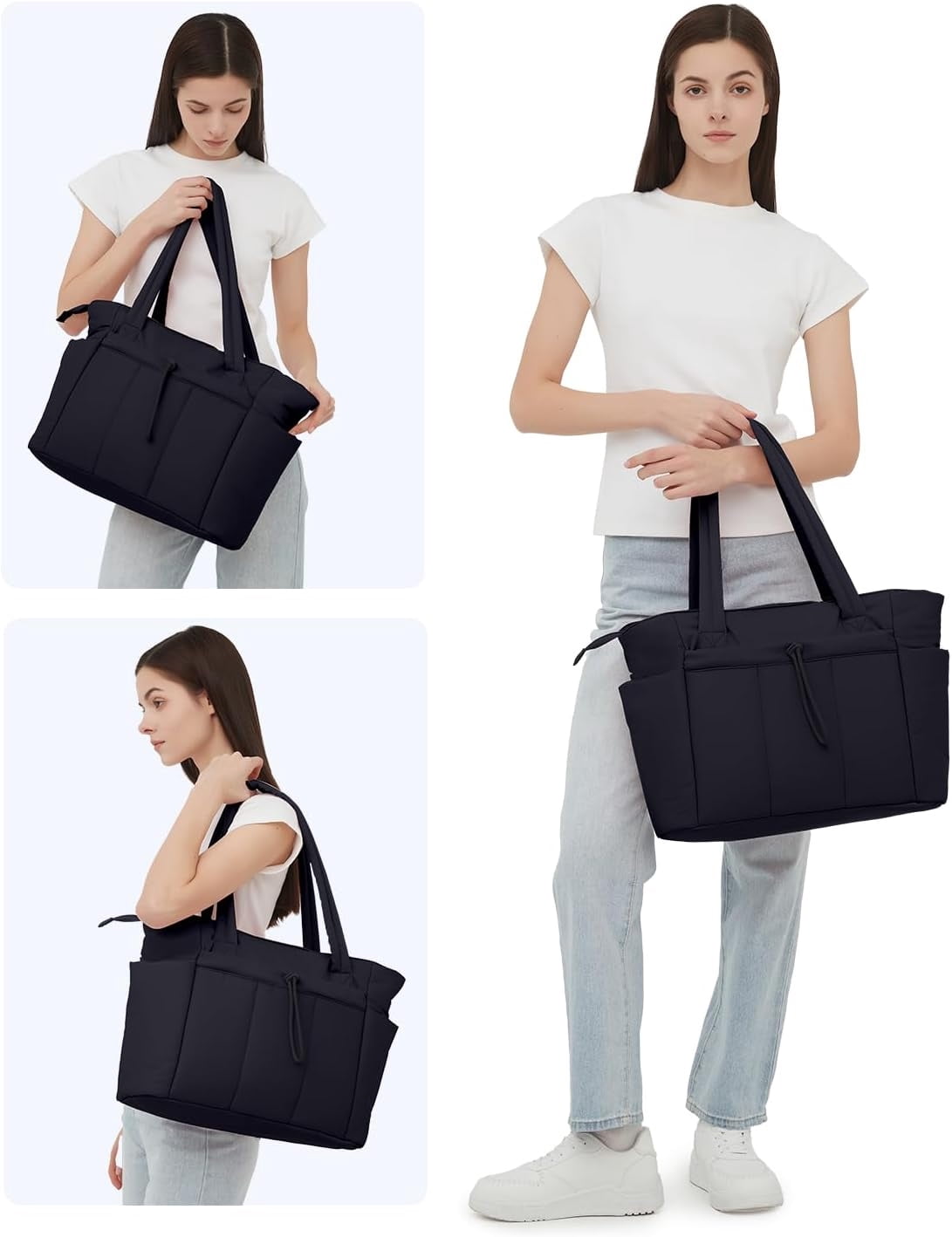 Puffer Tote Bag for Women, Shoulder Bag Handbag with Cup Holder & 15.6" Laptop Compartment & Trolley Sleeve for Travel, Work, Nurse, Lightweight, 20L