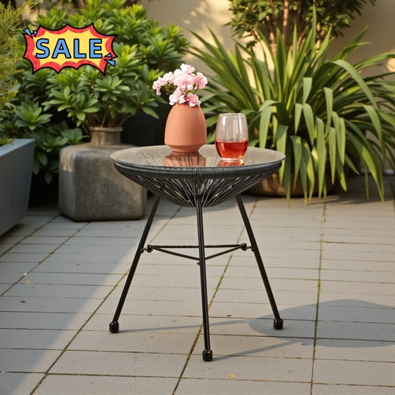 Tcbosik 17.7" Round Side Table with Glass Top for Outdoor, Small End Table with Metal Legs, Accent Table for Balcony, Garden, Patio, Backyard, Black