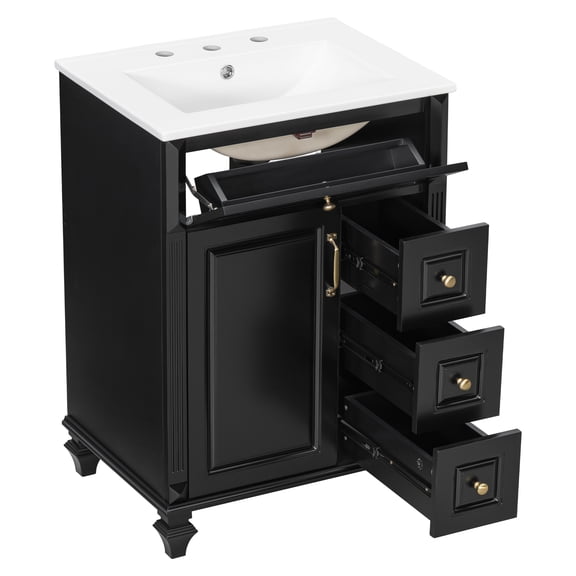 Black 24 Inch Bathroom Vanity with Ceramic Sink Top with Flip-Out Drawer, 3 Drawers & Storage Cabinet