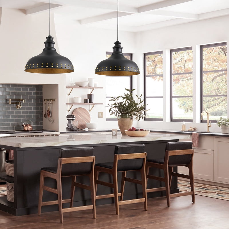 Aiwen Matte Black Dome Pendant Light, Rustic Dining Room Light Fixture with Rivet Shade, 20 inch