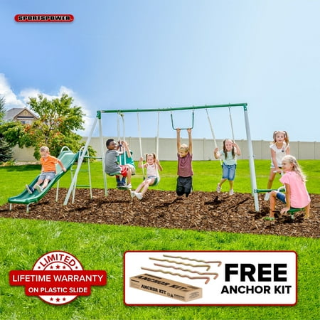 Sportspower Live Oak Metal Swing Set with 6' Double Wall Slide with Lifetime Warranty, and Bonus Anchor Kit