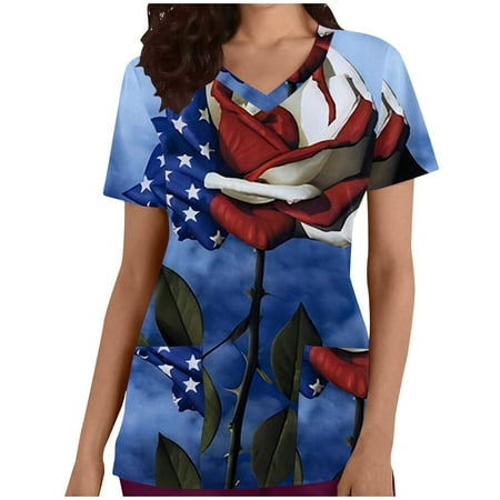 

Dyegold Summer Tops for Women 2023 Trendy V-Neck Scrub Tops for Women Trendy Going Out American Flag Tshirt Short Sleeve Work Uniform Nursing Tunic Blouses