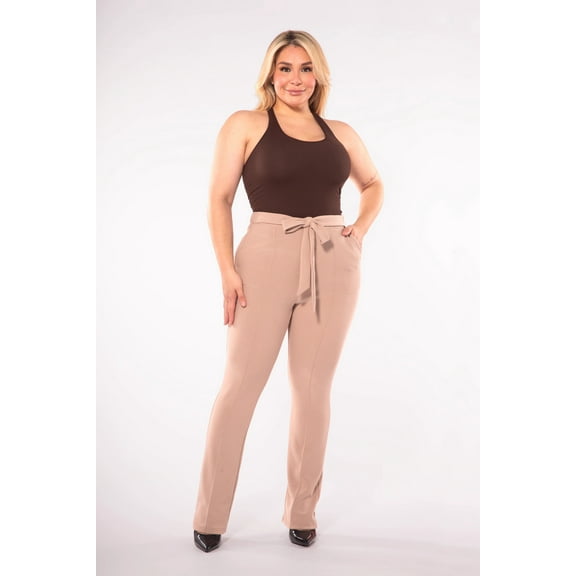 Plus Size High Waist Flare Pants With Front Seam Detail And Waist Tie - Latte