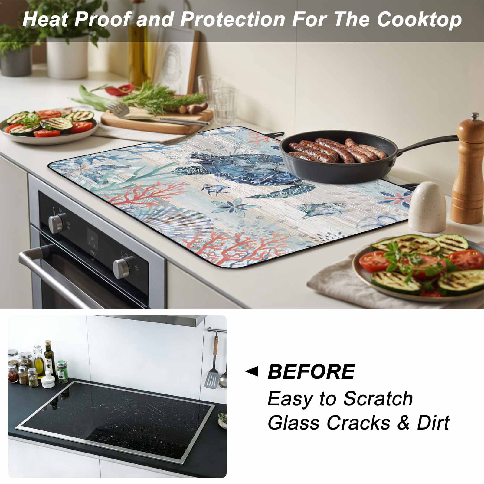 Coastal Turtle Stove Top Cover for Electric Stove, Heat-proof & Non Slip Glass Top Stove Cover Protector, Rustic Nautical Starfish Conch Coral Wood Kitchen Flat Cooktop Rubber Mat 24x21 Inches