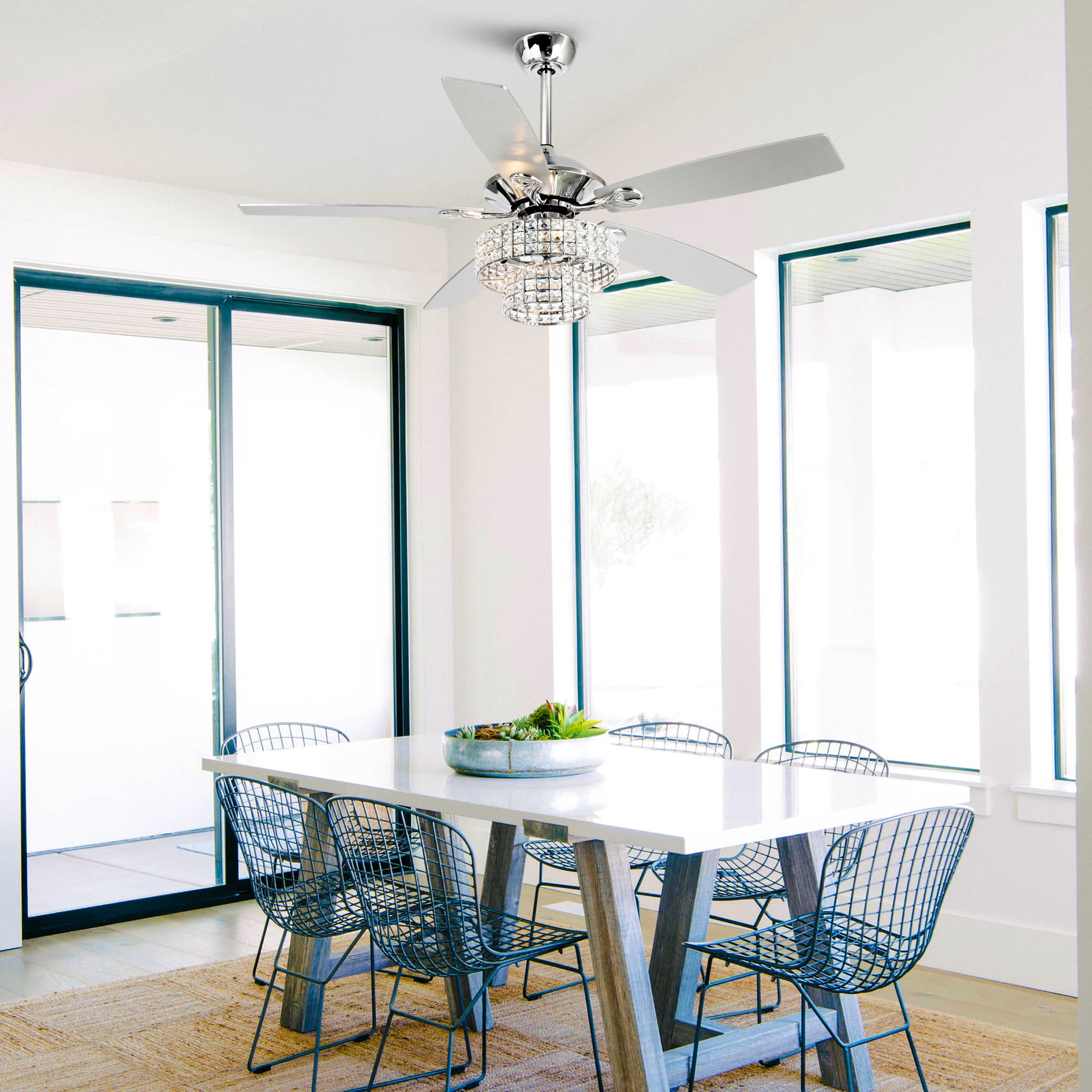 Parrot Uncle 52 Inch Ceiling Fan with Lights, Remote Control, Crystal Chandelier, Chrome, Reversible Motor