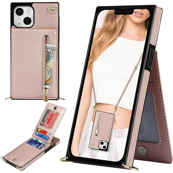 Crossbody Wallet Case for iPhone 15, PU Leather Zipper Handbag Purse Flip Cover with Kickstand Case for iPhone 15 ZP Rose God