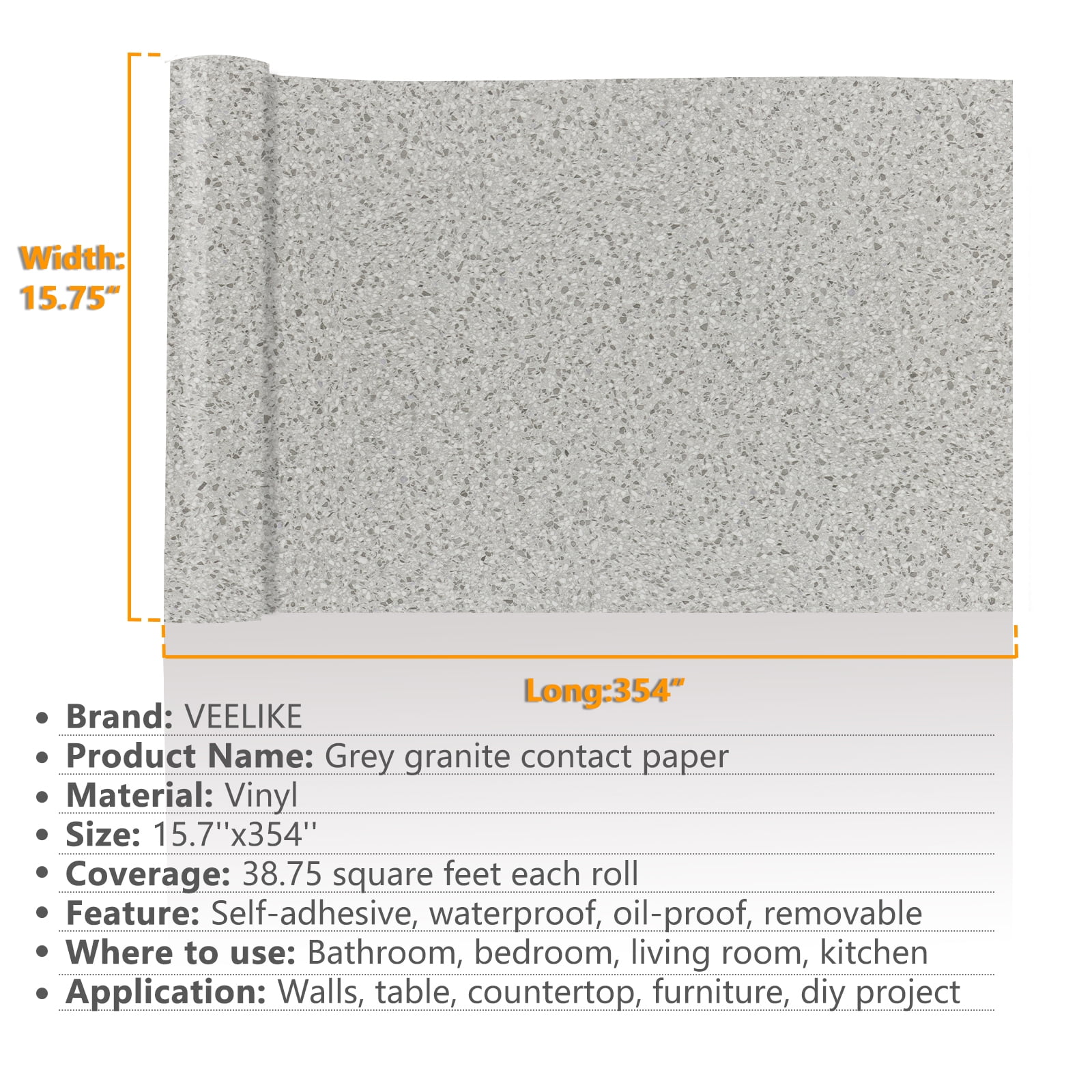 VEELIKE Grey Granite Contact Paper for Countertops Peel and Stick Waterproof Self Adhesive Removable Wallpaper Mable Peel and Stick Countertops Vinyl for Kitchen Bathroom Cabinets Liners 15.7''x354''