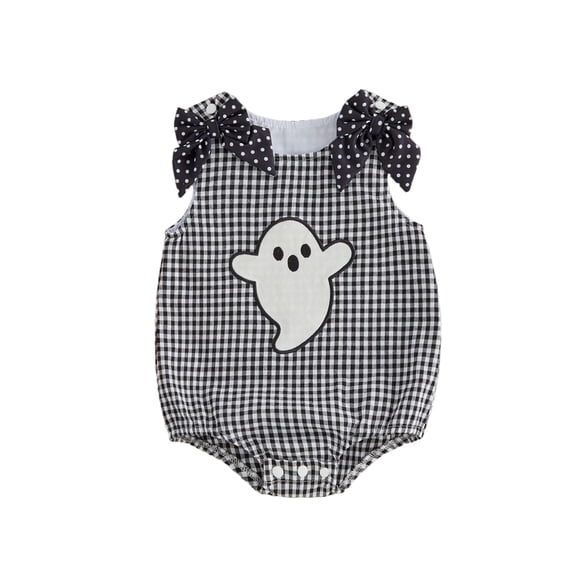 RUINIXCW Newborn Baby Girl Halloween Outfit Gingham Plaid Bubble Romper Funny Ghost Pumpkin Grimace Embroidery Sleeveless Bow Bodysuit Jumpsuit Playsuit