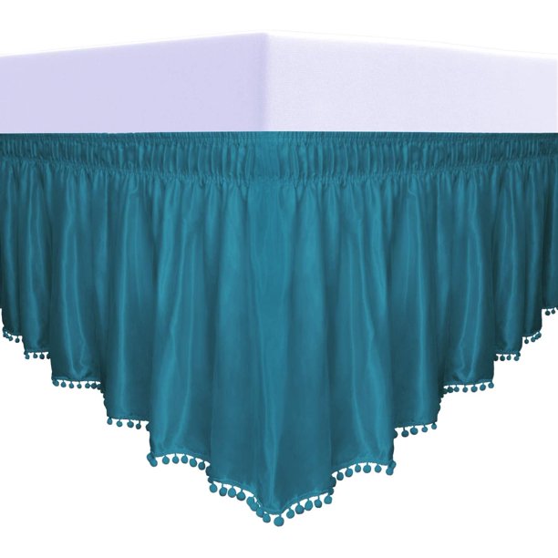EasyGoing Satin Silk Pom Pom Ruffled Wrap Around Bed Skirt 16 Inch