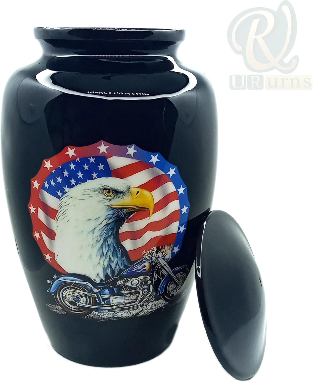 UR Cremation Urns- US Flag Eagle with Harley Davidson Bike Adult Urn –Best Urn for Human Ashes – Funeral Urn (Adult (200 lbs) – 10.5 x 6 “, US Flag Eagle Bike Cremation Urn)