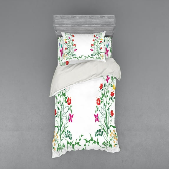 Flower Duvet Cover Set, Oriental Design with Floral Leaves Buds Frame Like Ivy Plant Ecology Natural Image, Bedding Set with Shams and Fitted Sheet, 3 Sizes, by Ambesonne