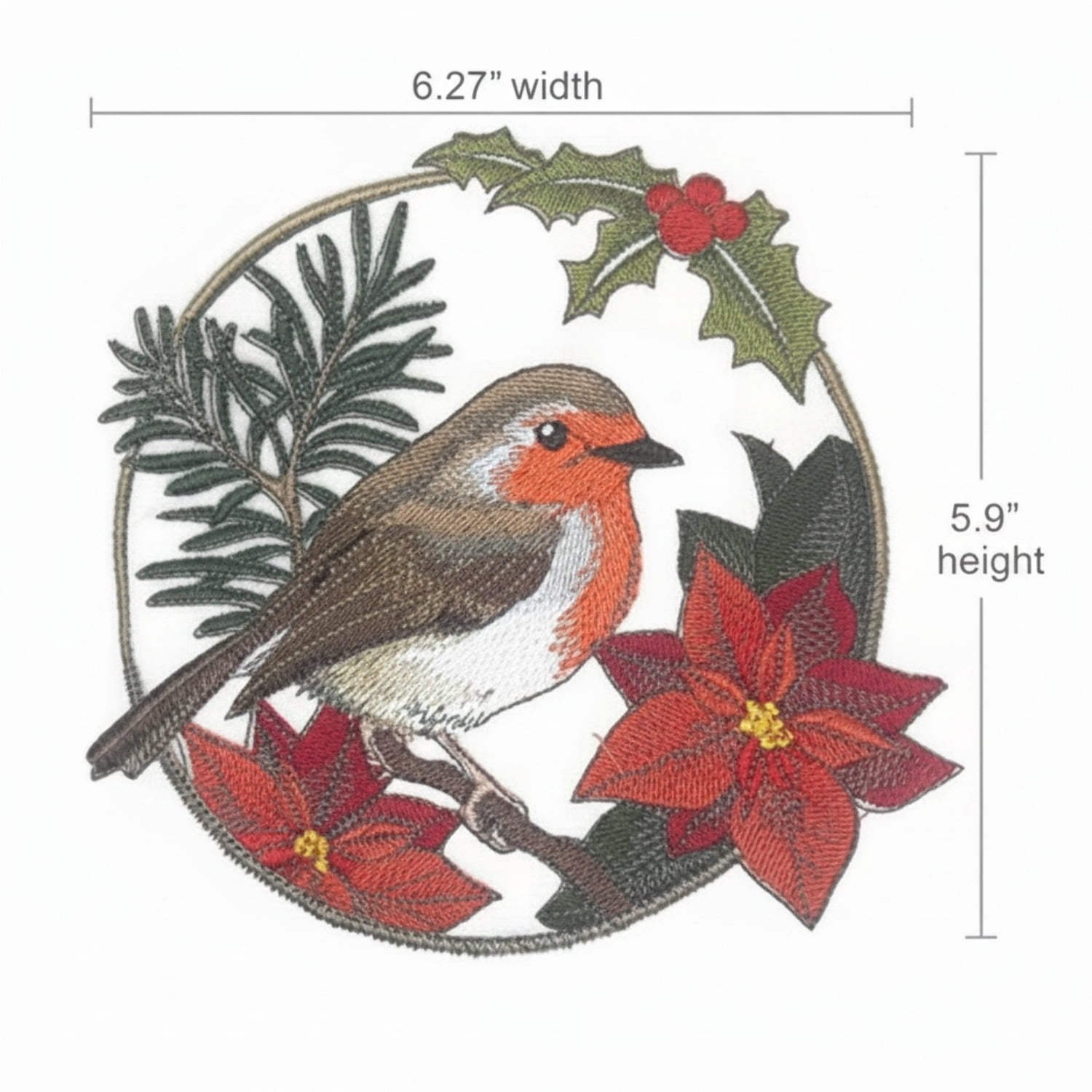 European Robin in Christmas Blooms Embroidered Iron on patch [6.27" X 5.9"]