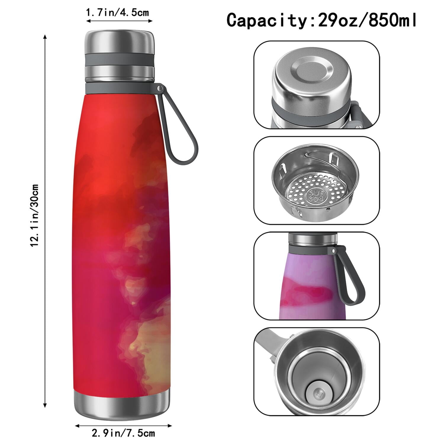 29oz Insulated Water Bottle with Tea Infuser, Stainless Steel Travel Mug, Fluid Smoke Aurora Art Style