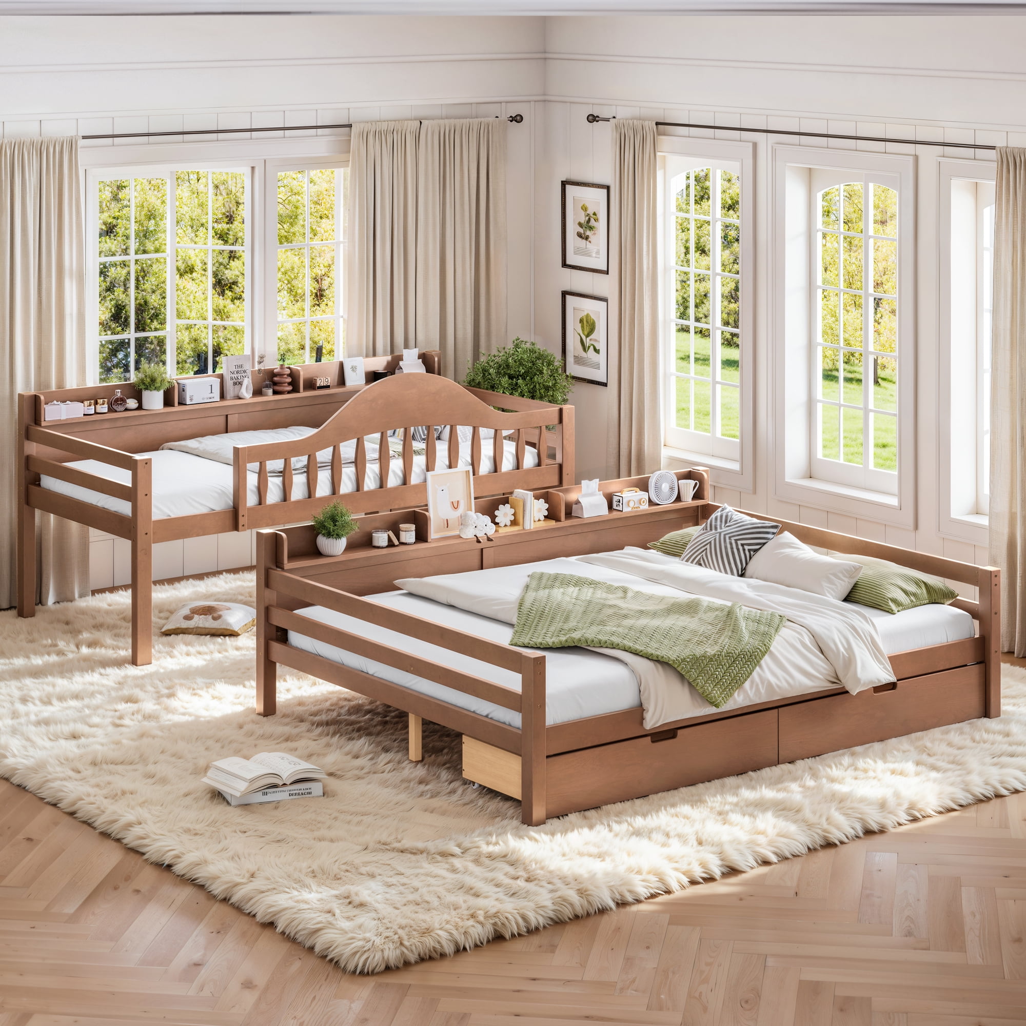 Leumius Twin XL over Queen Bunk Bed with Storage Drawers, Chic Curved Guardrail & Side Storage Shelves, Bunk Bed Frame with Ladder Deep Natural