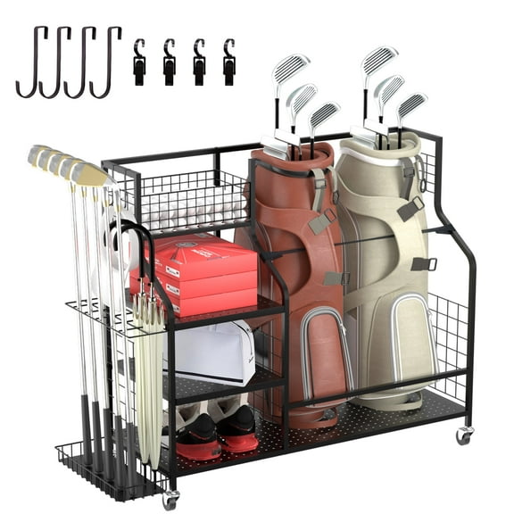Ztysn Golf Bag Storage Rack Organizer for Garage,Golf Club Holder Extra Large Golf Bag Stand for 2 Golf Bags,Sports Golf Equipment Accessories,Metal/Black