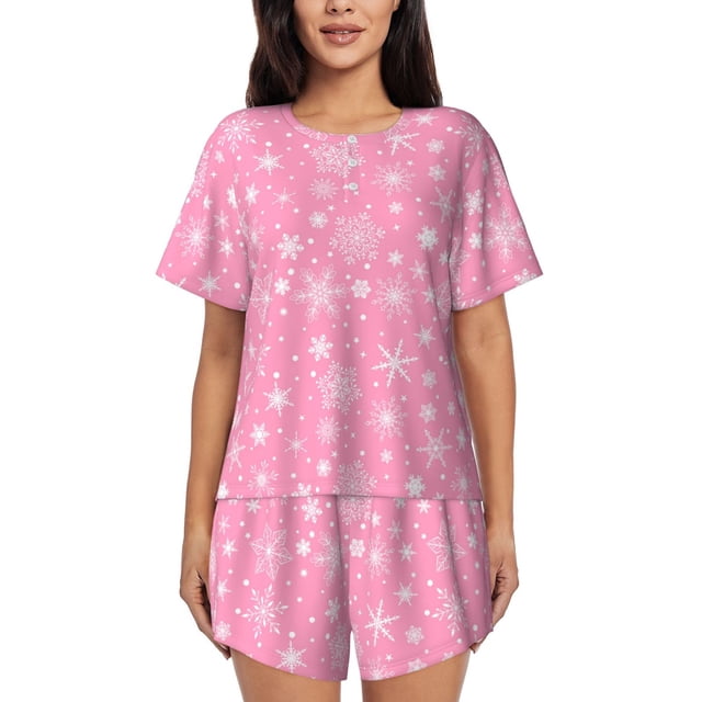 Fotbe Snowflake pink backgrounds Conjunto de Pijama Estampado para Mujer, 2 Piezas, Ropa de Dormir con Camiseta de Manga Corta y Shorts Suaves-XX-Large