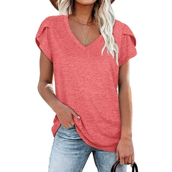 Womens Tops V Neck Summer Petal Sleeve Casual Tshirts