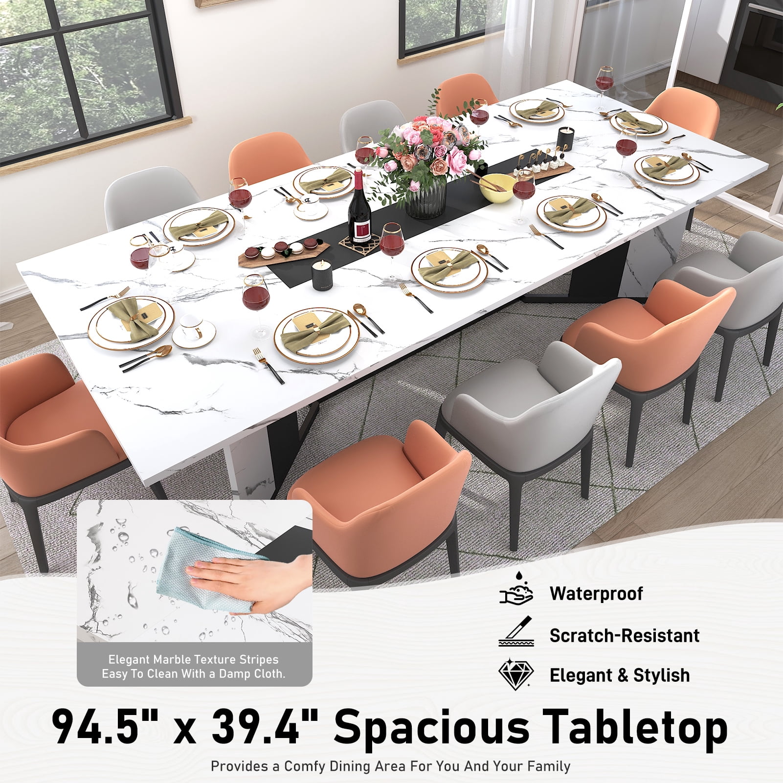 95 inch Large Rectangular Dining Table for 10-12 People, Dining Table with Marble-Color Wood Waterproof Tabletop and Adjustable Leg, 7.9ft Luxurious Family Dinner Table for Office Kitchen Living Room