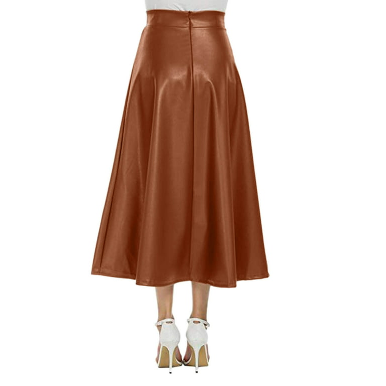 Kcocoo Womens Solid Color High Waist Faux Leather Skirt A Line Long Skirts  PU Khaki XL 