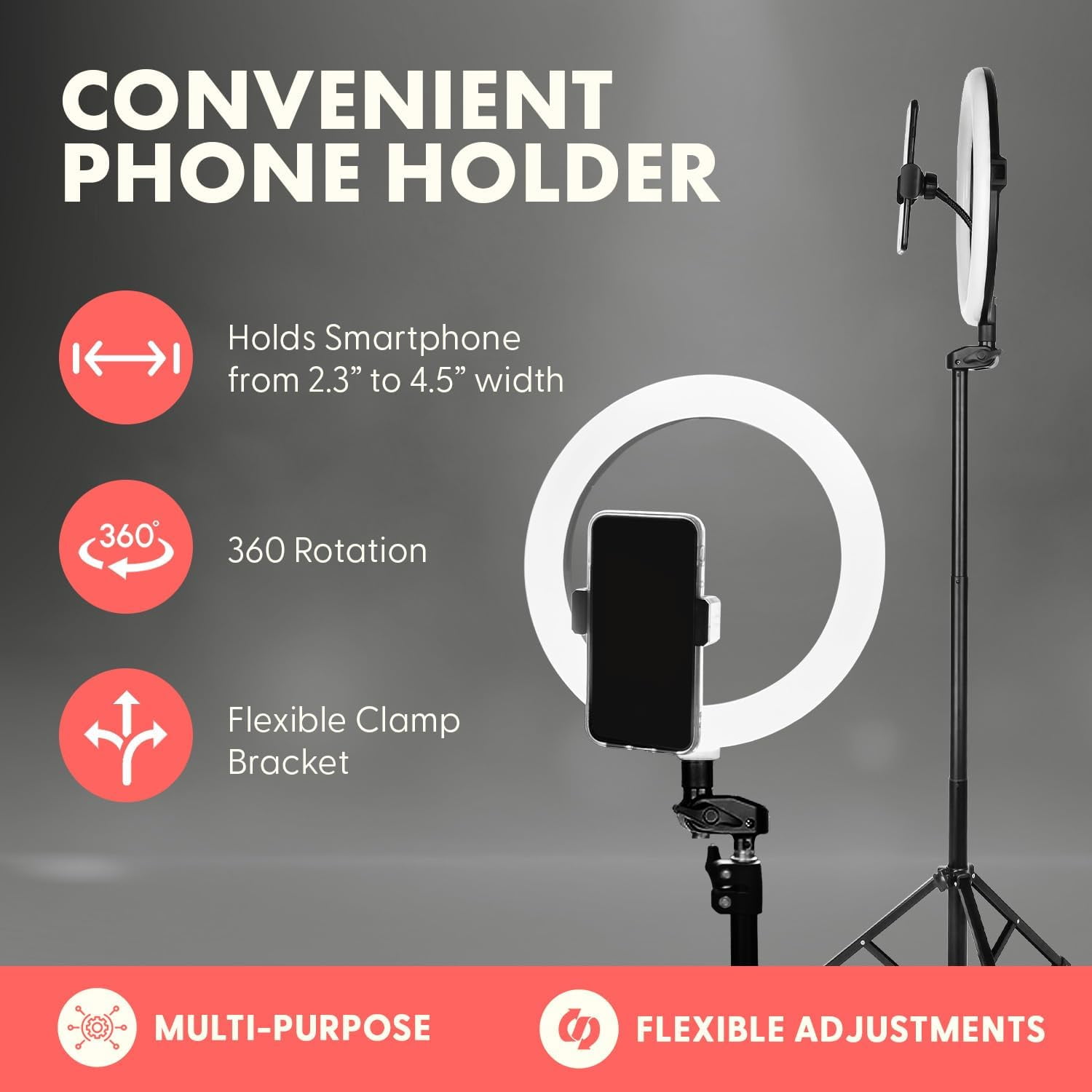 11’’ LED 12W Selfie Light with Wired Control, 3 Color Modes, 10 Brightness Levels, Tripod Stand with 6 Sections, Phone Holder, Adjustable Brightness Levels for Influencers, YouTube, TikTok