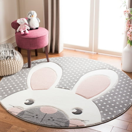 SAFAVIEH Carousel Kids Laidley Happy Bunny Animal Print Area Rug Pink/Gray 5 3 x 5 3 Round