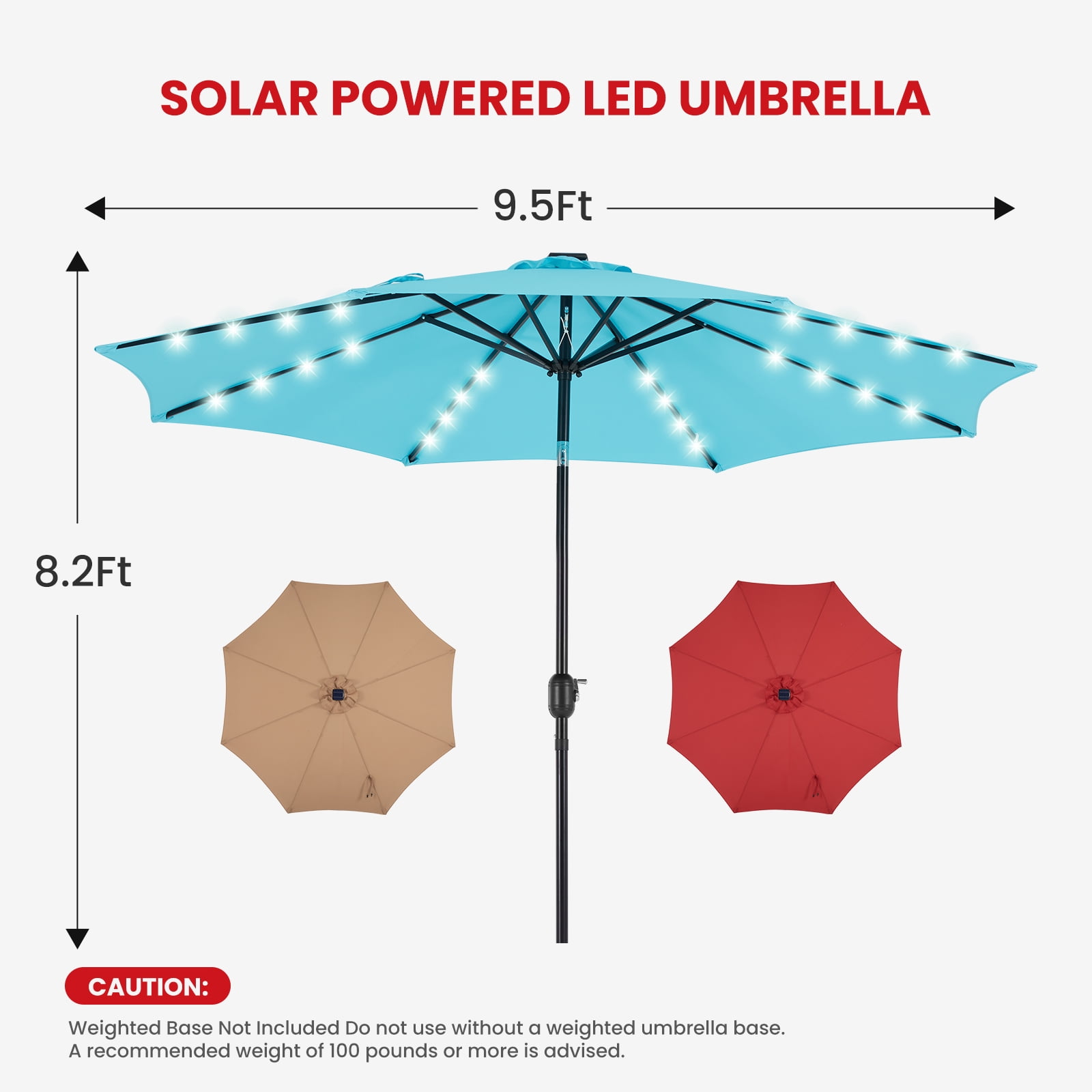 EDX 10ft Solar Polyester 32 LED Lighted Patio Umbrella with Tilt Adjustment and UV-Resistant Fabric,Lake Blue