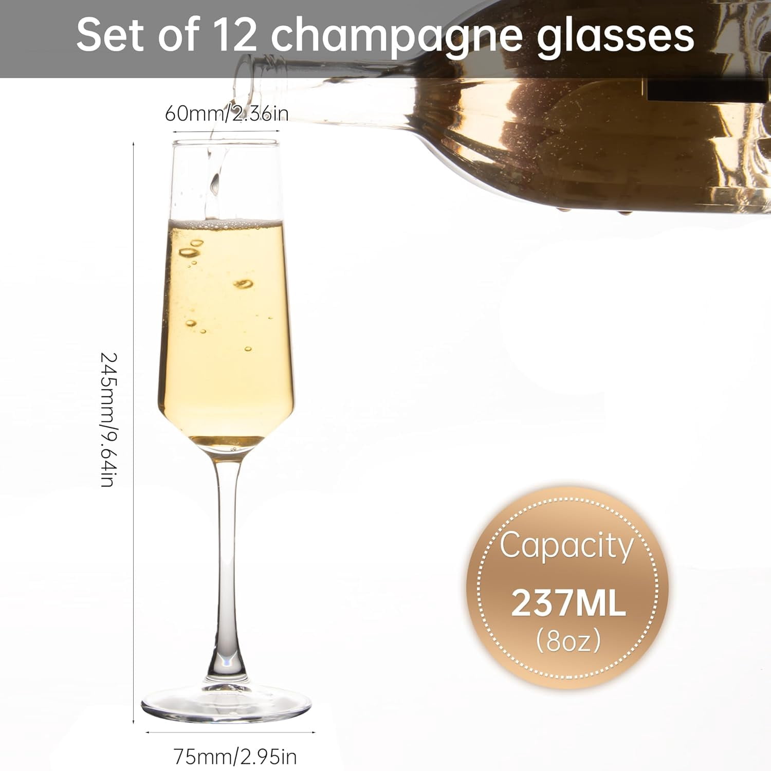 Champagne Glass Set, Durable Champagne Flutes with Mordern Shape, Long Stem Sparkling WIne Glass Clear (A Set of 12)