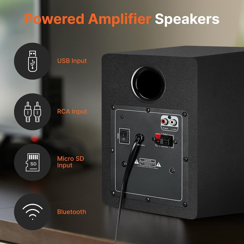 Pyle HiFi Active Bookshelf Speaker W/ Bluetooth Audio Stereo Monitor Speaker System, 300W (Black)