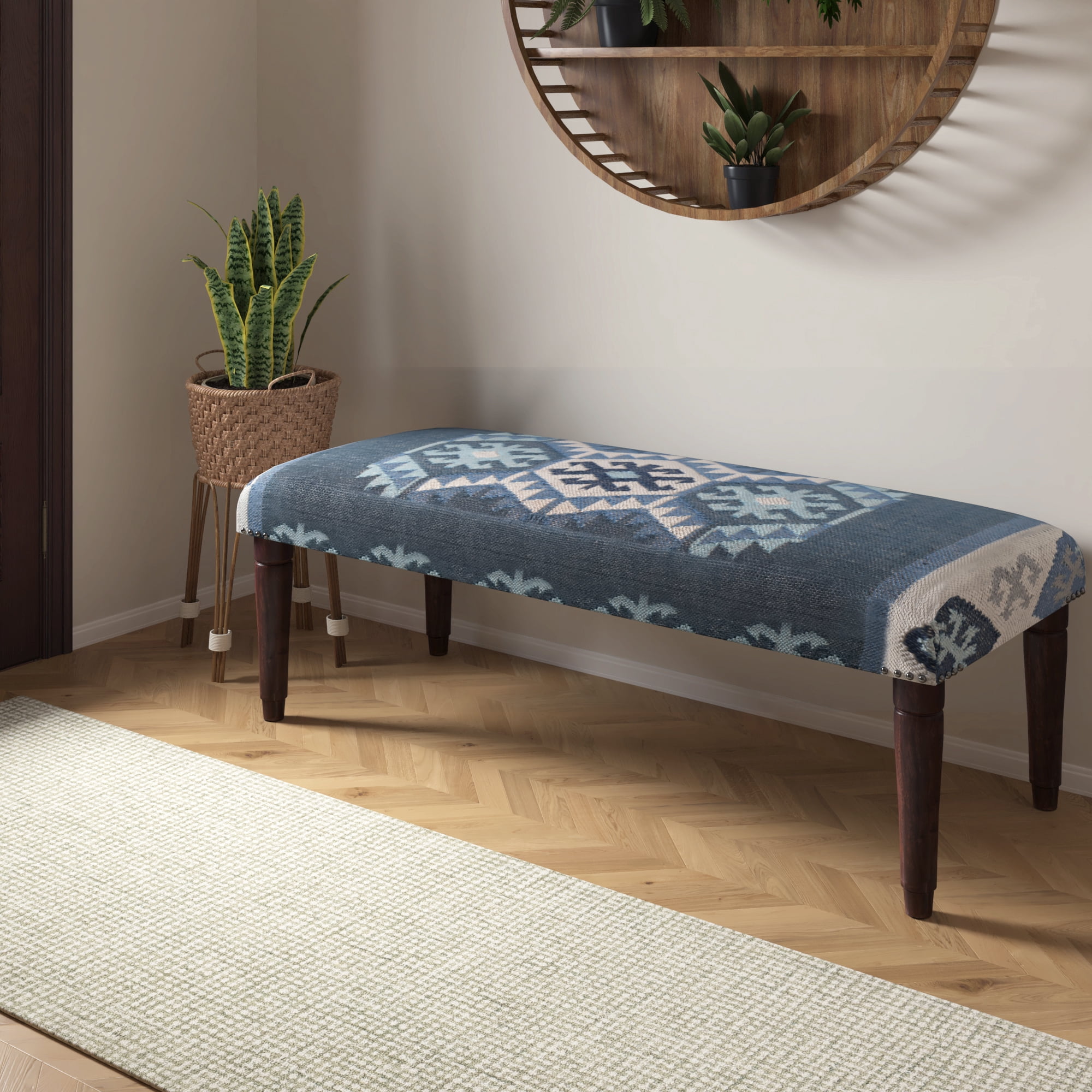 LR Home Rhonelle 47" Blue/Ivory Kilim Jute Upholstered Accent Bench