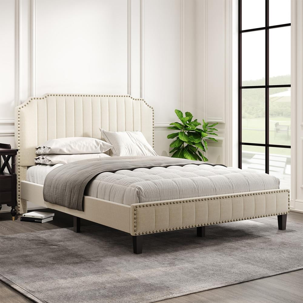 King Upholstered Tufted Platform Bed/Mattress Base/Easy to Assemble/Sturdy  Wooden Slat Support, Large Modern Linen Curved Soft Packed Platform Bed