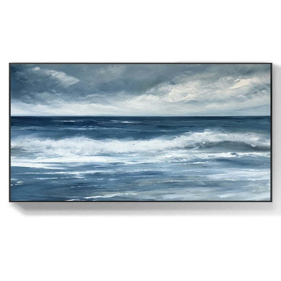 Hand-Painted Ocean Landscape on Canvas Oversized Abstract Blue Sky Art Coastal Decor for Contemporary Living Room Wall Decor,Unstretched,Frameless,(41*61cm)16*32Inches