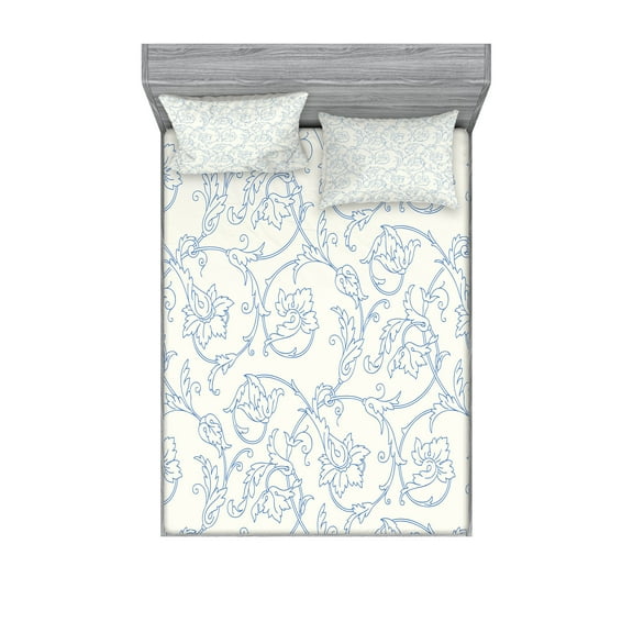 Ambesonne Floral Fitted Sheet & Pillow Sham Set, Bohemian Vintage Orchids, Full, Cream and Blue