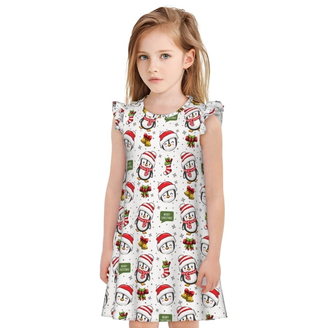 Balery Cute Christmas Hat Penguin A Camisón de princesa para niñas, pijama de algodón con mangas abullonadas, suave y bonito.-X-Large