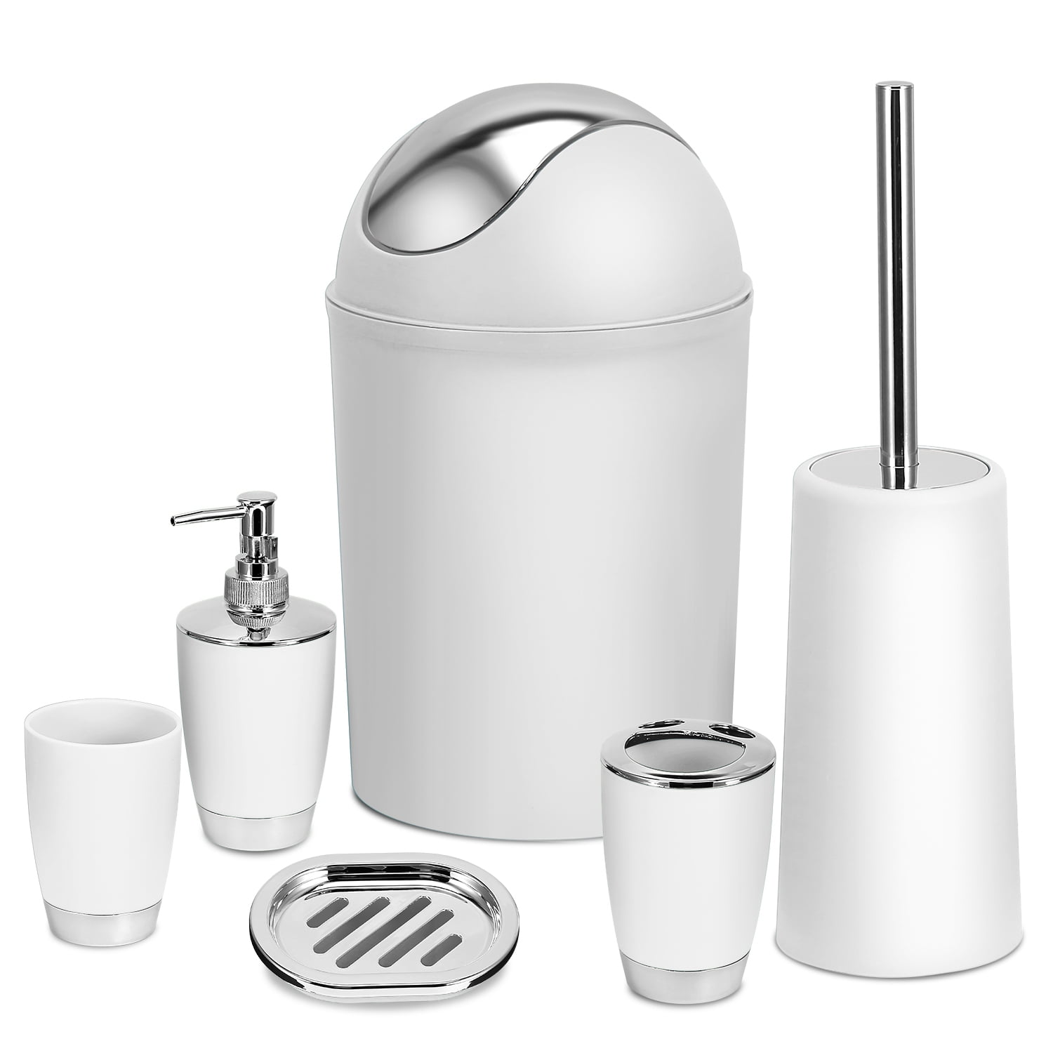 Toilet Brush with Lid, Soap Dish, Lotion Dispenser, Toothbrush Cup, Bathroom Tumblers,Trash Can, 6 Pack Bathroom Accessories Set(White)