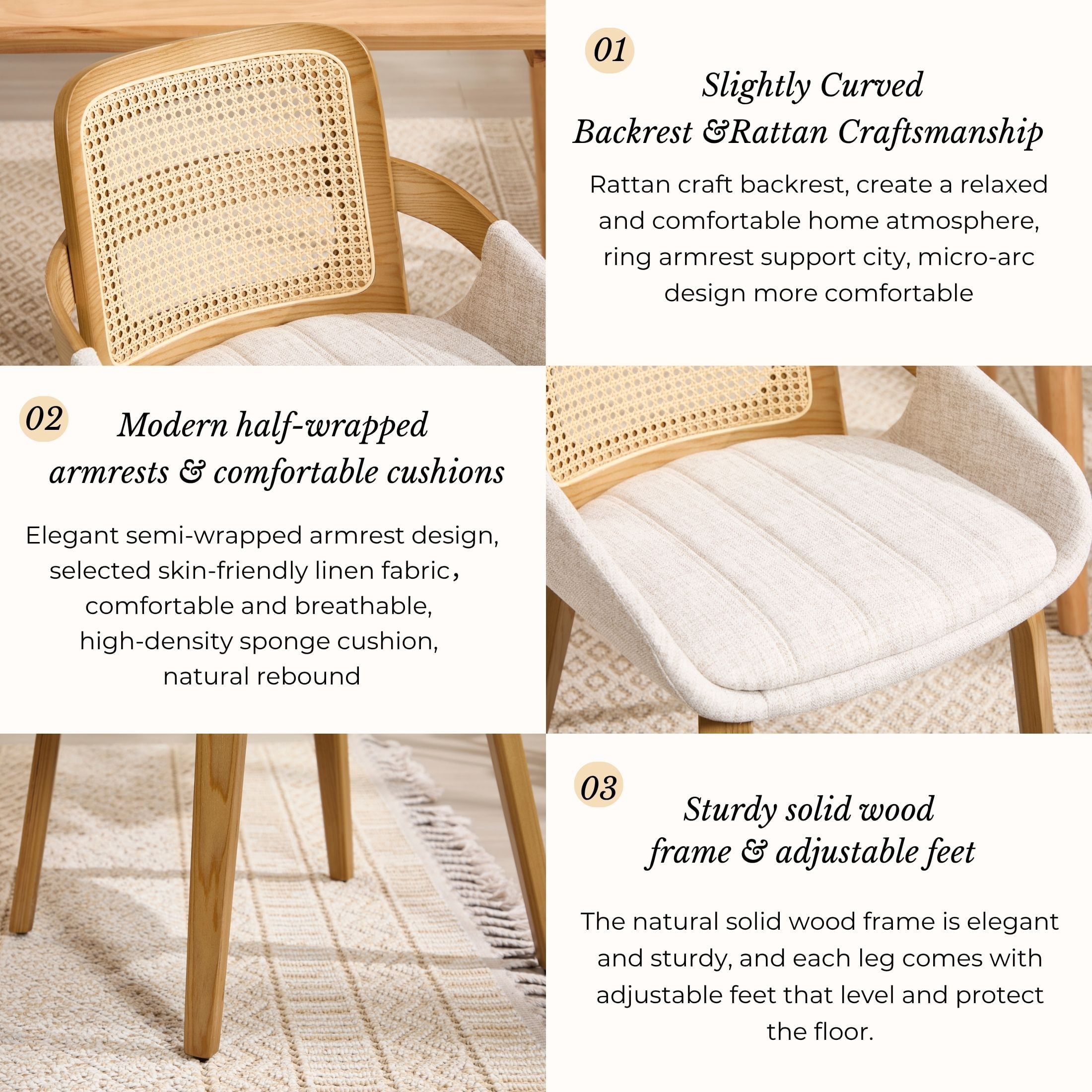 Guyou Modern Rattan Dining Chair Set of 2, Solid Wood Dining Side Chairs, Linen Upholstered Kitchen Chairs with Armrests for Kitchen Dining Room Living Room, Beige