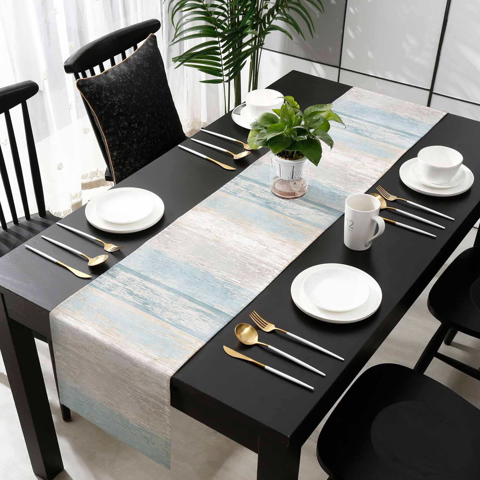 Blue Beige Farmhouse Table Runner 72 Inches Long, Vintage Wooden Striped Kitchen Coffee Dining Table Decoration for Home Party Birthday Wedding Home Decor 13x72 Inches