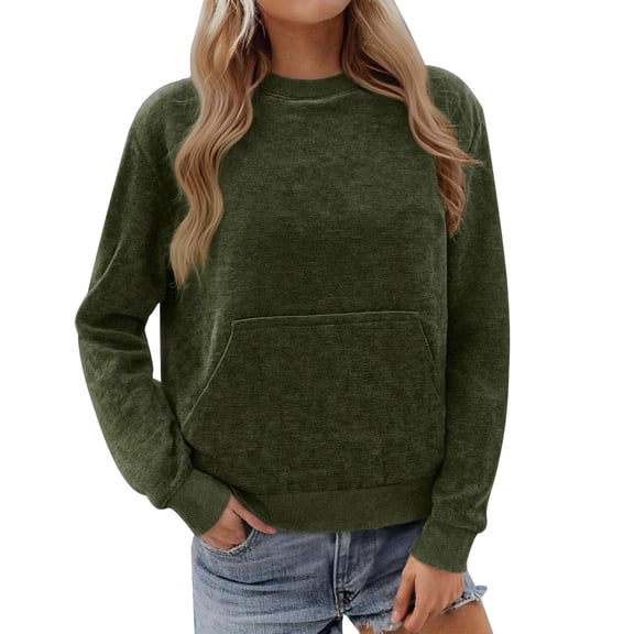 ZUKMRJPC Women's Crewneck Sweatshirt Solid Color Vintage Fleece Lined Pullover Winter Casual Warm Basic Sweatshirt with Pocket